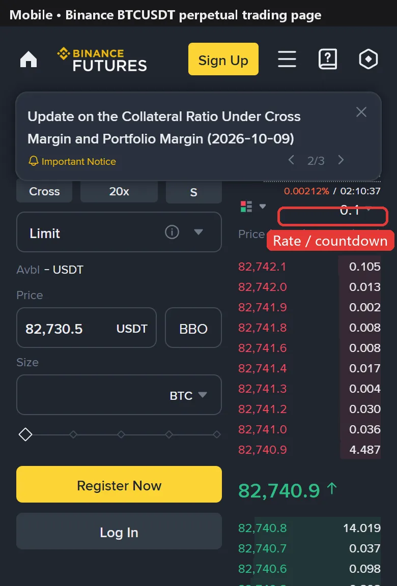 Funding rate and countdown on the Binance perpetual trading page