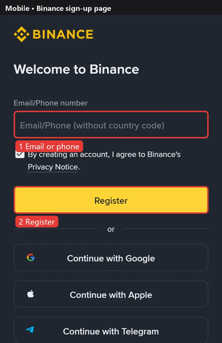 Binance sign-up page