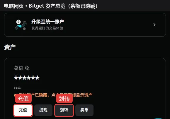 Bitget资产页上的充值和划转