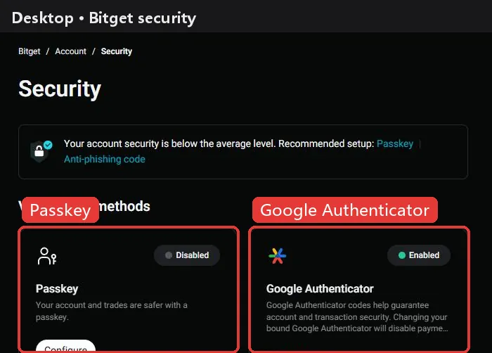 Bitget security settings