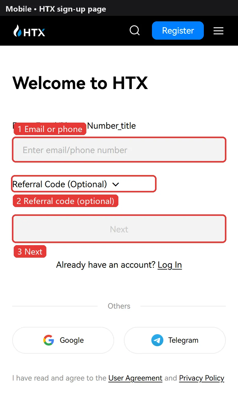 HTX sign-up page