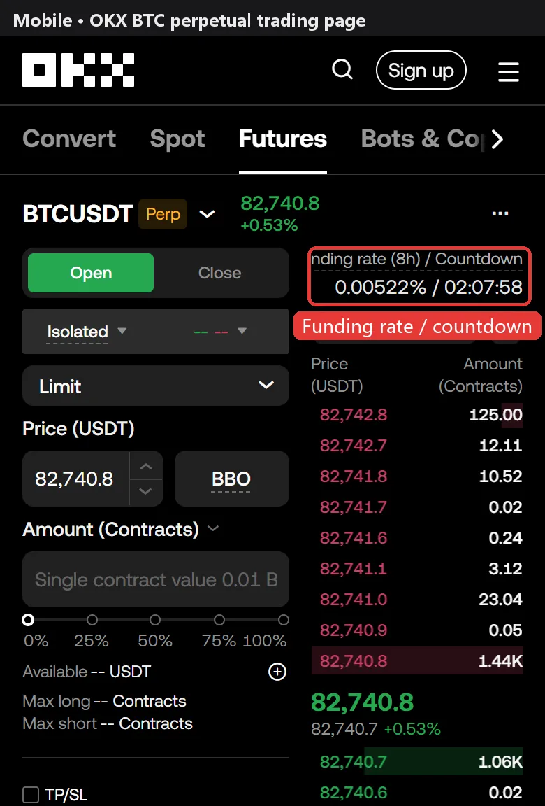 Funding rate and countdown on the OKX perpetual trading page