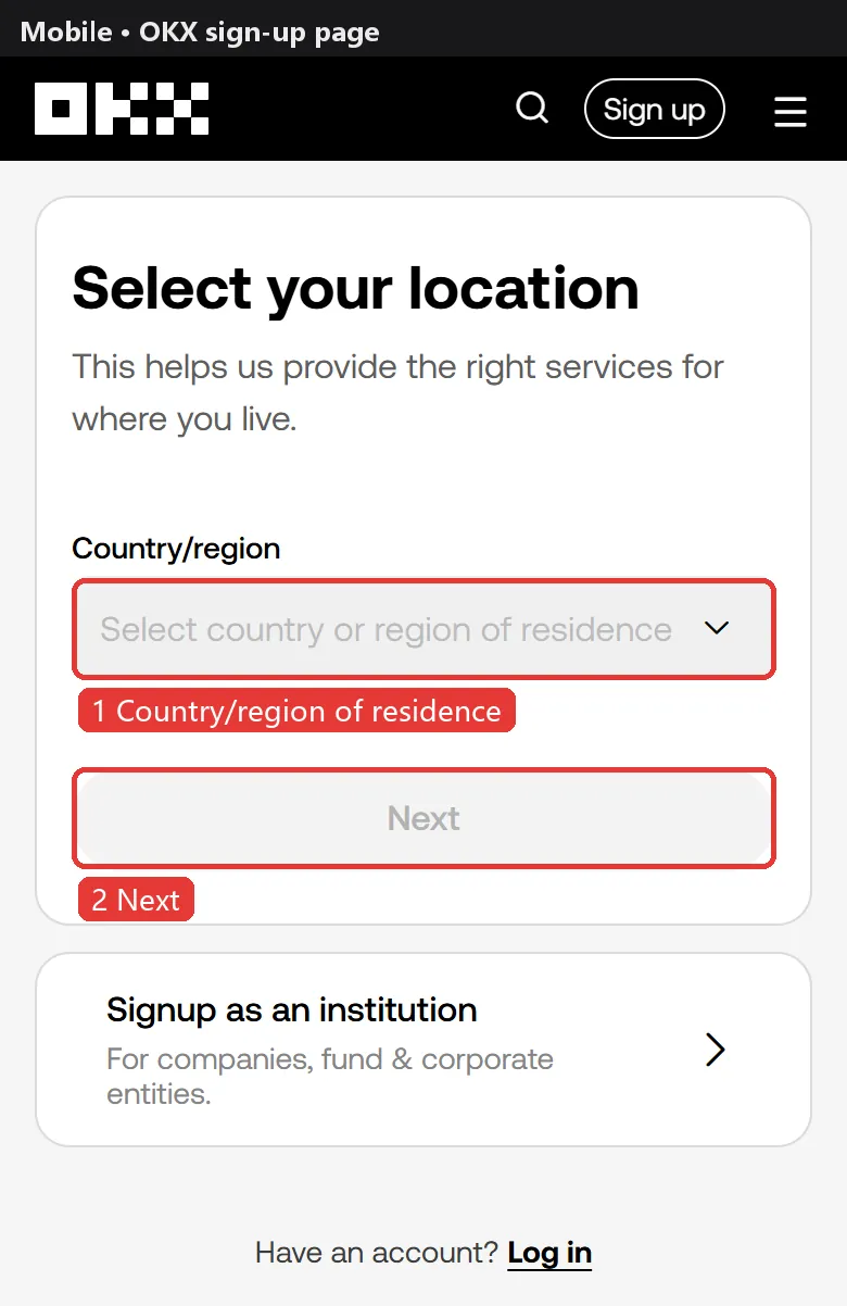 OKX sign-up page